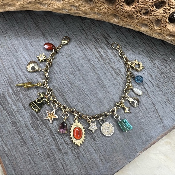 Handmade Gold Tone Charm Bracelet with Multicolor Accent Charms - Picture 2 of 9